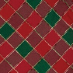 Holiday plaid red and green plaid cotton fabric texture with golden stitching