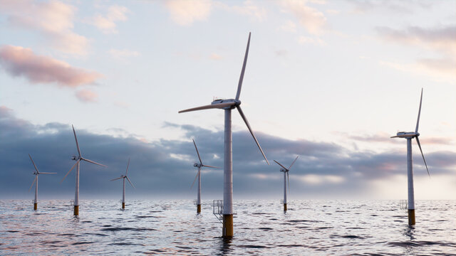 Wind Turbines. Offshore Wind Farm at Dusk. Environmental Electricity Concept.