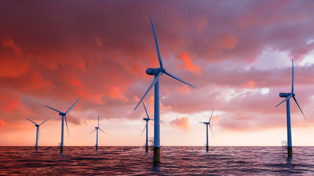 Wind Turbines. Offshore Wind Farm on a Stormy Evening. Renewable Electricity Concept.