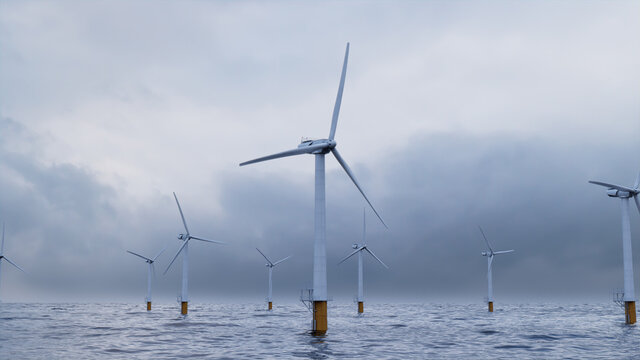Wind Turbines. Offshore Wind Farm on an Overcast Afternoon. Environmental Electricity Concept.