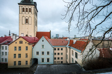 Fototapeta premium Beautiful old buildings in Tallinn city on a cold winter day