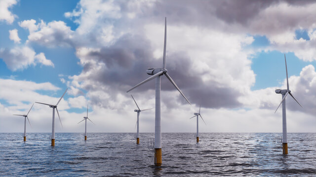 Wind Turbines. Offshore Wind Farm on a Cloudy Afternoon. Renewable Electricity Concept.