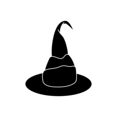 Witch hat vector illustration in simple style. Hand drawn wizard cap for holiday Halloween. Black icon isolated on white background. Scary silhouette magician hat. Accessory for party on Halloween