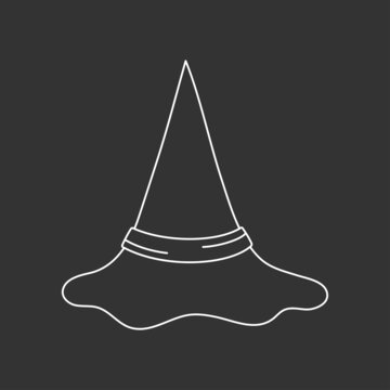 Witch Hat Vector Illustration In Doodle Style. Hand Drawn Wizard Cap For Holiday Halloween. White Icon Isolated On Black Background. Scary Silhouette Magician Hat. Accessory For Party On Halloween