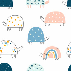 Vector color hand-drawn seamless repeating childish pattern with cute doodle turtles in Scandinavian style on a white background. Kids texture for fabric, wrapping, textile, wallpaper, apparel.