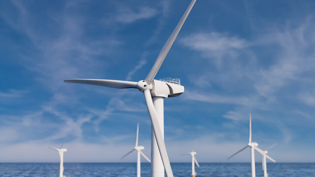 Wind Power. Offshore Wind Turbines on a Hazy Morning. Environmental Energy Concept.
