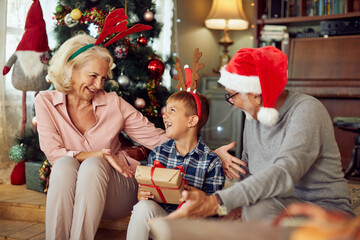 Joyful boy receives  present from grandparents on Christmas at home.