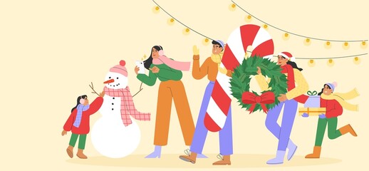 Flat vector illustration with a happy people preparing for winter holidays. Concept of Christmas and New Year celebrations web banner, greeting card or flyer.