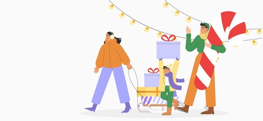 Flat vector illustration with happy woman is carrying gifts on a sleigh and man holding a candy cane. Concept of Christmas and New Year celebrations web banner, greeting card.