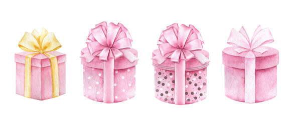 Colorful gift boxes with bows.Watercolor illustration for invitations,greeting card and design isolated on white background.