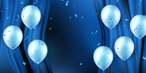 Elegant blue ballon and silk curtain background Happy Birthday celebration card banner template