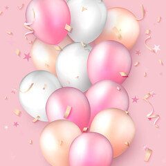 Elegant rose pink pastel color ballon and party popper ribbon Happy Birthday celebration card banner template background