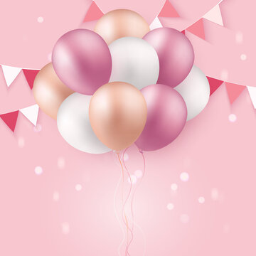 Elegant rose pink pastel color ballon and party popper ribbon Happy Birthday celebration card banner template background