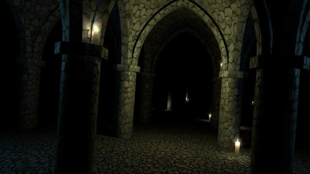scary medieval church underground. Entity flying by endless stone corridor with candles. 3d rendering. Seamless loop