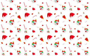 Christmas seamless pattern.  santa claus hat, candy tree, red snowman