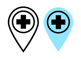 Fototapeta premium Hospital location icon. Location of the medical facility. Clinic coordinates. Pharmacy location. Black and blue line illustration. Simple vector icon.