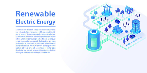Renewable electric energy concept as a wide web banner. 3d isometric vector illustration. Electric battery powered by solar energy, wind turbine and e-fuel