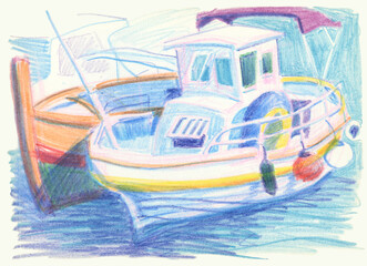 Fototapeta na wymiar Sketch of boats on the sea coast in Croatia drawn with wax crayons. For sketchbook, print, fabric, your design. 