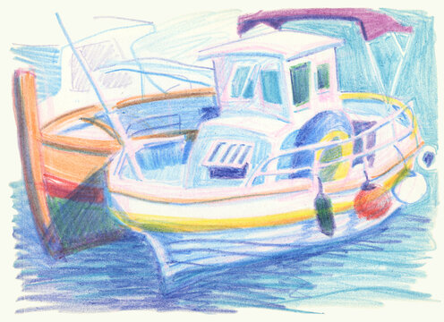 Sketch of boats on the sea coast in Croatia drawn with wax crayons. For sketchbook, print, fabric, your design. © Nataliia