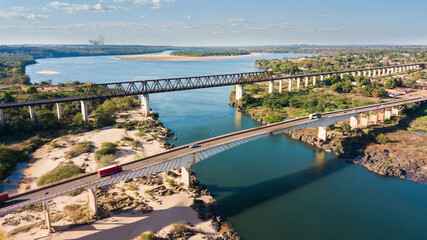 Aerial view of the bridges in Estreito, Maranhão, Brazil. North South railroad railroad bridge in Estreito MA