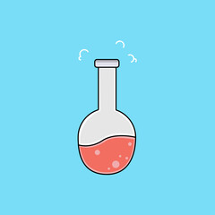 Flask in flat style on blue background. Biology, science background. 