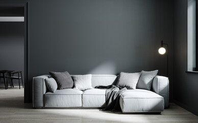 Scandinavian dark living room interior background, wall mockup, 3d render