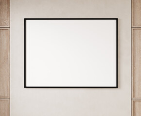 Single empty square black lined picture frame hanging on beige wall with wooden panels. 3D illustration.