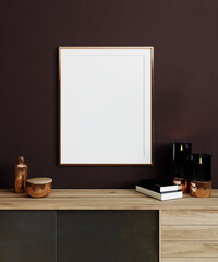 331. Mock up poster in modern style living room interior with wooden commode and decoration, 3d render