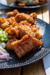 Dutch street food, fried pieces of cod fish fillet served with garlic sauce and fresh green salade - obrazy, fototapety, plakaty