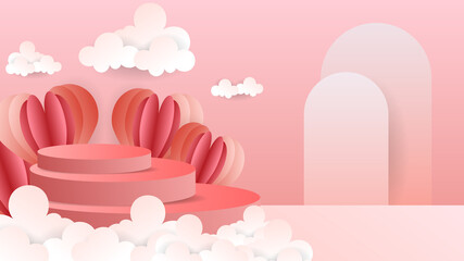 Abstract backdrop for product display,Three podiums with hearts and clouds on a pink background , 3d podium for presentation , illustration 3d Vector EPS 10