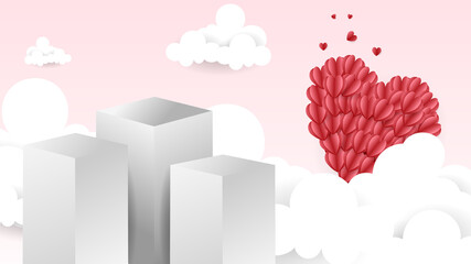 Abstract backdrop for product display, Three gray square podiums and clouds and red hearts , 3d podium for presentation,  illustration 3d Vector EPS 10
