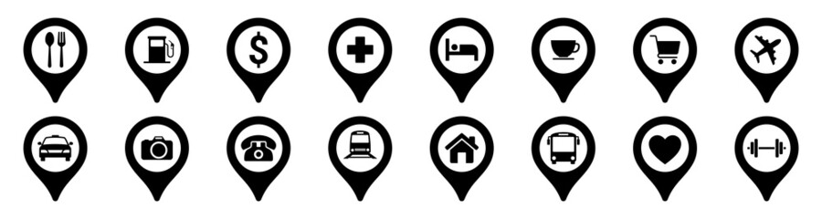 Set of map pin icon, restaurants, hospitals, supermarkets, telephones, stars, terminals, hotels, stations, bicycles, heart, camera house, airplane, .vector illustration
