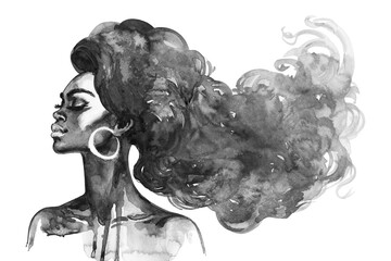 Fototapeta premium Watercolor curly african woman with long hair. Hand drawn portrait of pretty lady on white background. Side view. Painting fashion black and white illustration.