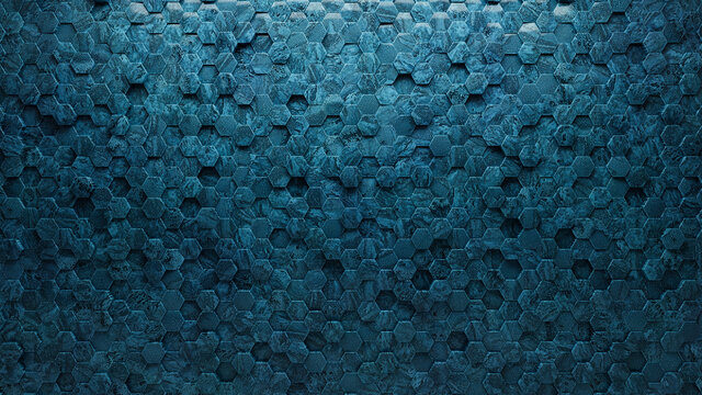 Hexagonal Tiles arranged to create a Textured wall. Blue Patina, 3D Background formed from Glazed blocks. 3D Render