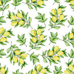 Fototapeta na wymiar Watercolor seamless pattern with lemons and green leaves
