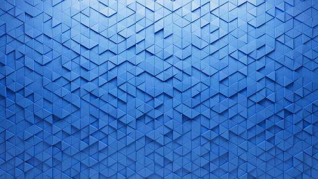 Triangular Tiles arranged to create a Blue wall. Futuristic, Semigloss Background formed from 3D blocks. 3D Render