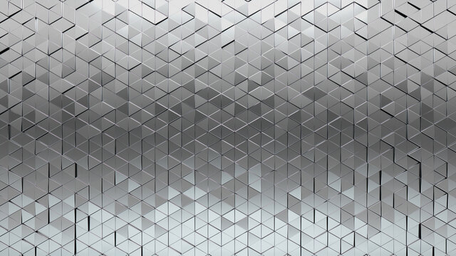 Glossy Tiles arranged to create a Silver wall. Triangular, Luxurious Background formed from 3D blocks. 3D Render