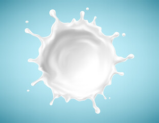Milk splash isolated on blue background. Natural dairy product, yogurt or cream in crown splash with flying drops. Realistic Vector illustration