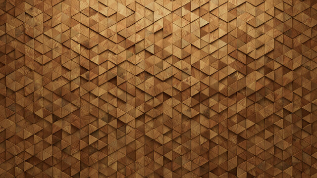 3D Tiles arranged to create a Natural wall. Triangular, Soft sheen Background formed from Wood blocks. 3D Render