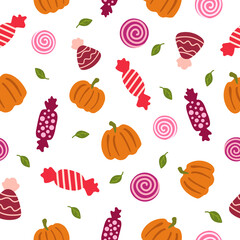 Pumpkin, leaves, truffles, candies  on a white background. Seamless doodle autumn pattern. Halloween. Suitable for packaging, gift paper.