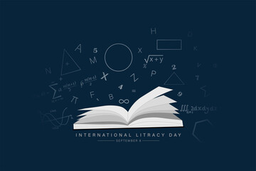Vector Illustration of International literacy day. 8 September. Open book and scattered letters, graphs, shapes and symbols. - obrazy, fototapety, plakaty