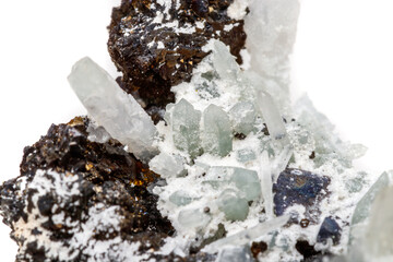Macro mineral stone Drusus quartz with sphalerite in the rock a white background