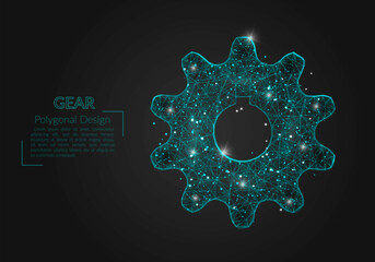 Abstract isolated blue image of a gear. Polygonal illustration looks like stars in the blask night sky in spase or flying glass shards. Digital design for website, web, internet © Katsiaryna