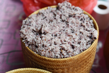 Purple Sticky Rice in Steamer full Basket ready to eat