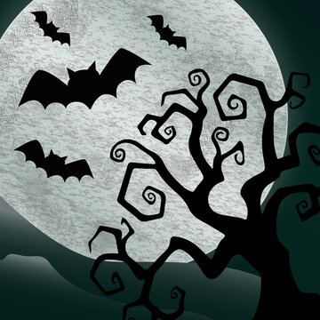 A Halloween background featuring bats and a full moon. Halloween background, flying bat. Halloween bat to moon poster. Illustration.