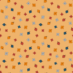 Vector seamless autumn pattern of cute tiny orange, red, blue, and grey leaves and flowers stylized in a flat and doodle style in the orange background. Hand-drawn leaf texture. Background for textile
