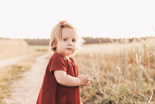 Little Cute Girl Todler Walking Through A Wheat Field