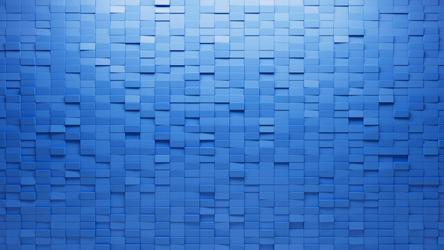 Futuristic Tiles arranged to create a 3D wall. Blue, Rectangular Background formed from Semigloss blocks. 3D Render