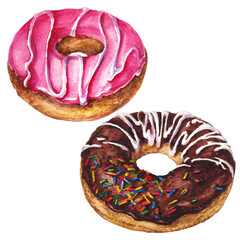 Hand drawn watercolor sweet donuts with pink and brown chocolate , sugar icing. Elements for food design of menu, card, poster, print.