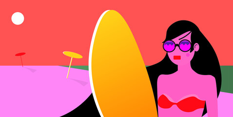 Vector minimalist flat illustration of a tanned brunette girl in sunglasses standing on the sunset beach with a yellow surfboard.